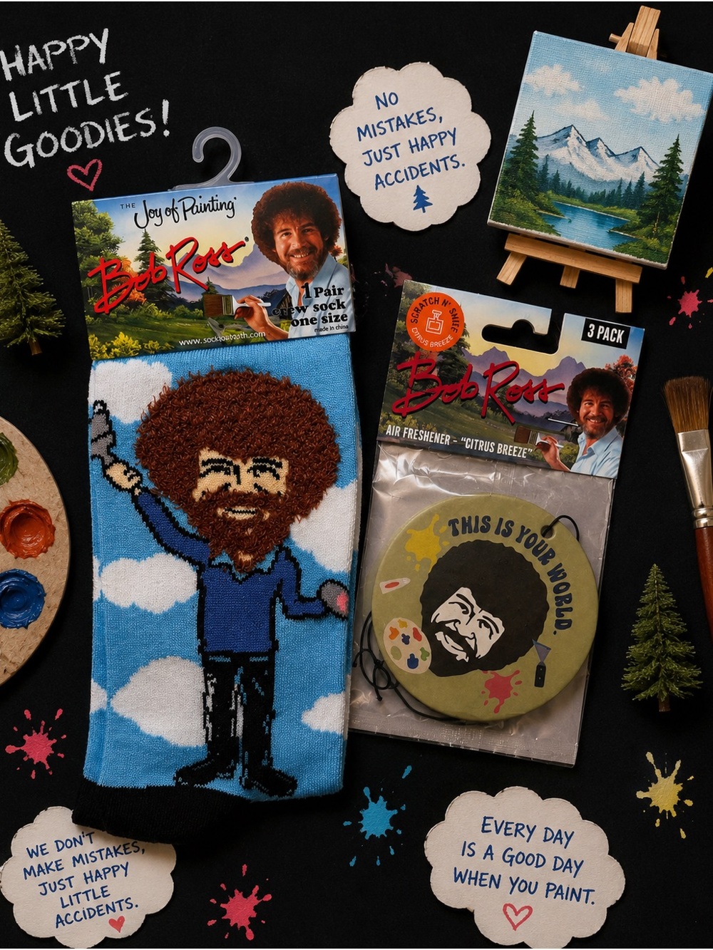 Bob Ross Happy Little Bundle of Crew Socks + Citrus Breeze Air Freshener Set